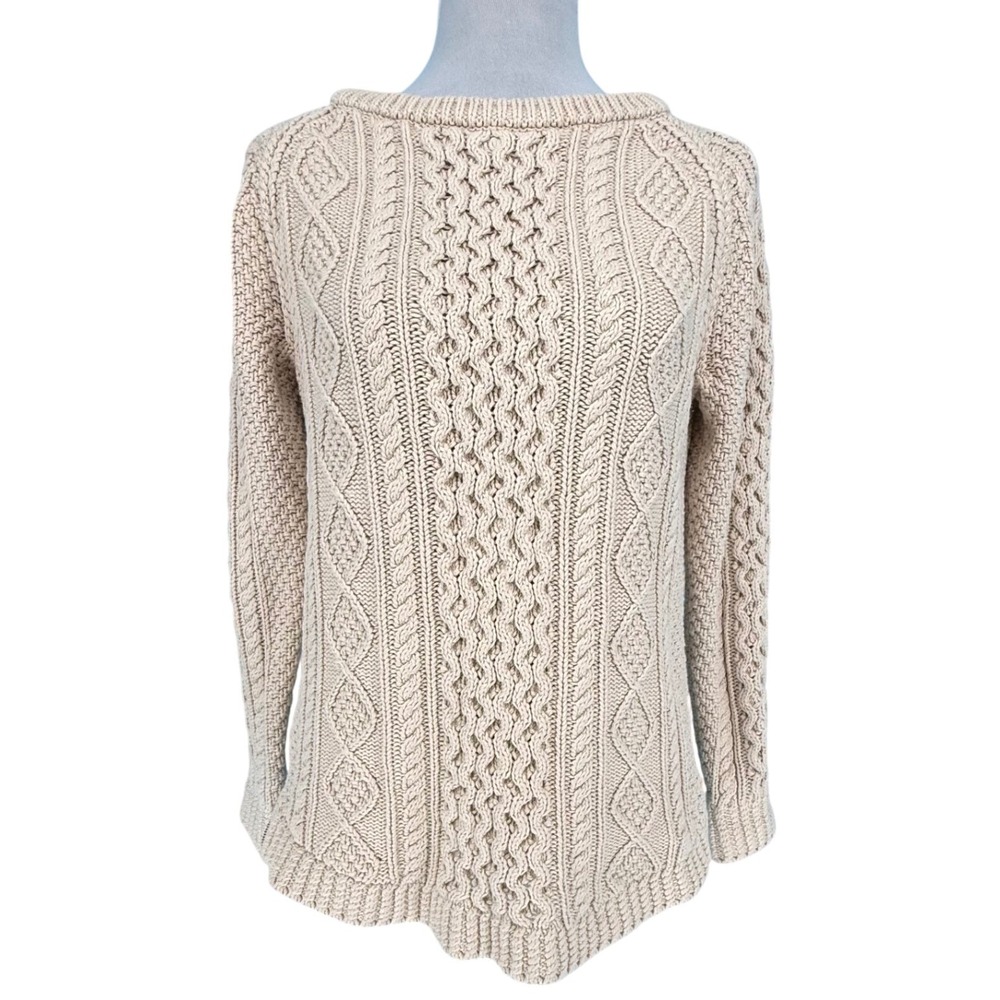 LL Bean Signature Womens XS Cable Knit Cotton Sweater Cream Side Zip Chunky Knit